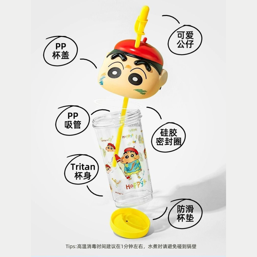 Crayon Shin-Chan & Cute Anime Cartoon 3D Big Head Tritan Temperature Resistance Leakproof Straw Cup 500ml
