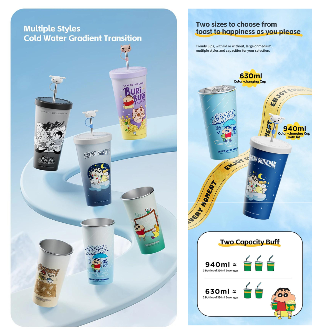 Crayon Shin-Chan & Anime Figure Trendy Color-Changing Cold Straw Cup 630/940ml Food Grade Aluminum