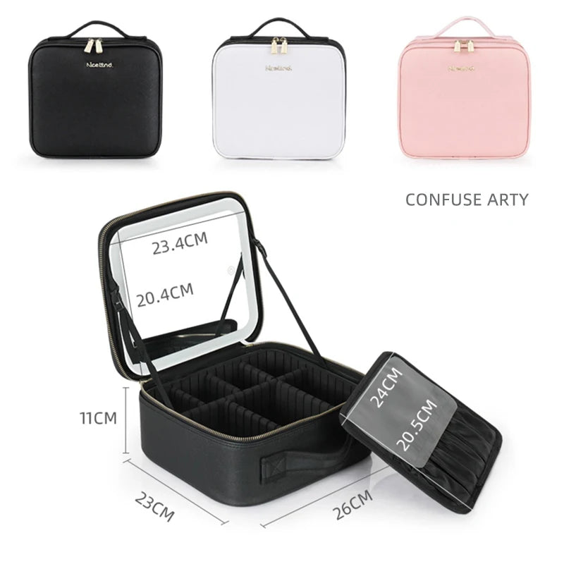 Smart LED Lighting Mirror Cosmetic Case Waterproof Portable Travel Makeup Storage Bag