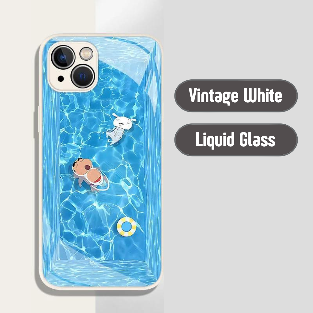 Crayon Shin-Chan & Shiro Sleeping in Pool Glass Protective Mobile Phone Case iPhone 11-15 Promax Pro Standard Mini Case