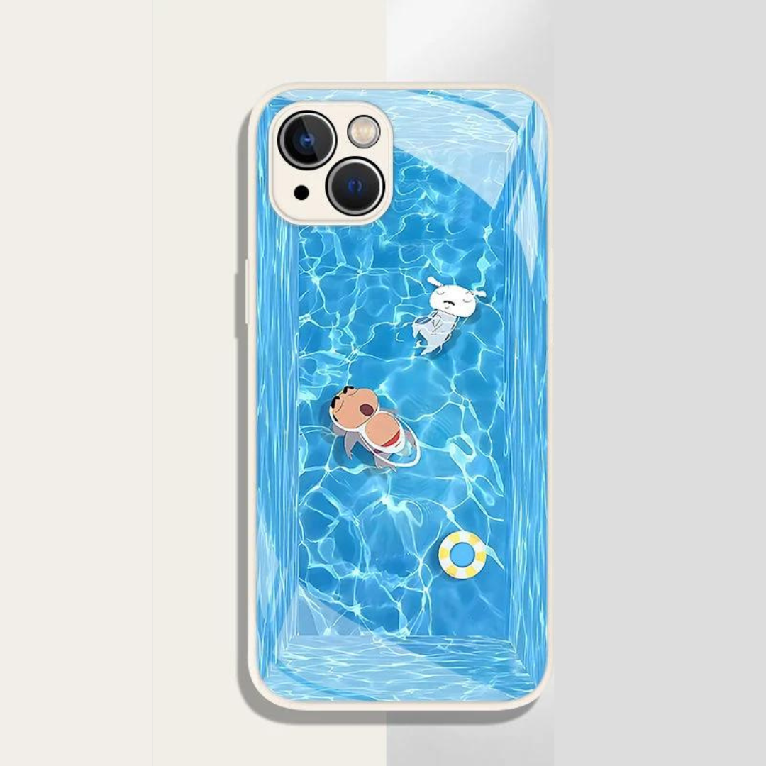 Crayon Shin-Chan & Shiro Sleeping in Pool Glass Protective Mobile Phone Case iPhone 11-15 Promax Pro Standard Mini Case