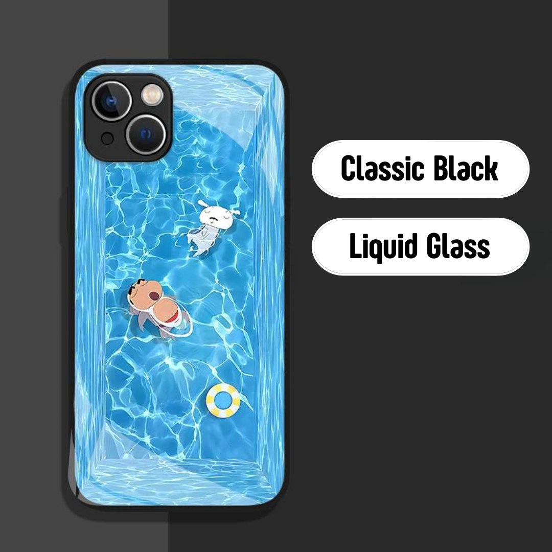 Crayon Shin-Chan & Shiro Sleeping in Pool Glass Protective Mobile Phone Case iPhone 11-15 Promax Pro Standard Mini Case