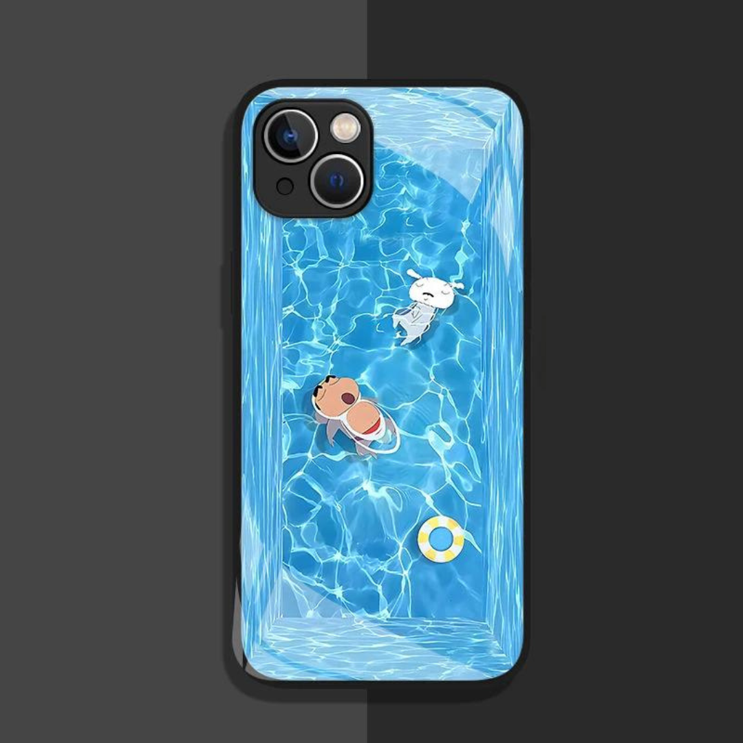 Crayon Shin-Chan & Shiro Sleeping in Pool Glass Protective Mobile Phone Case iPhone 11-15 Promax Pro Standard Mini Case