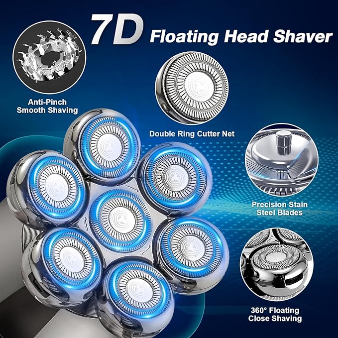 7D Sphere Men Waterproof Rechargeable LCD Display 5-in-1 Grooming Kit Wet Dry Electric Shaver Beard Hair Trimmer Electric Razor Bald Head Shaving Machine