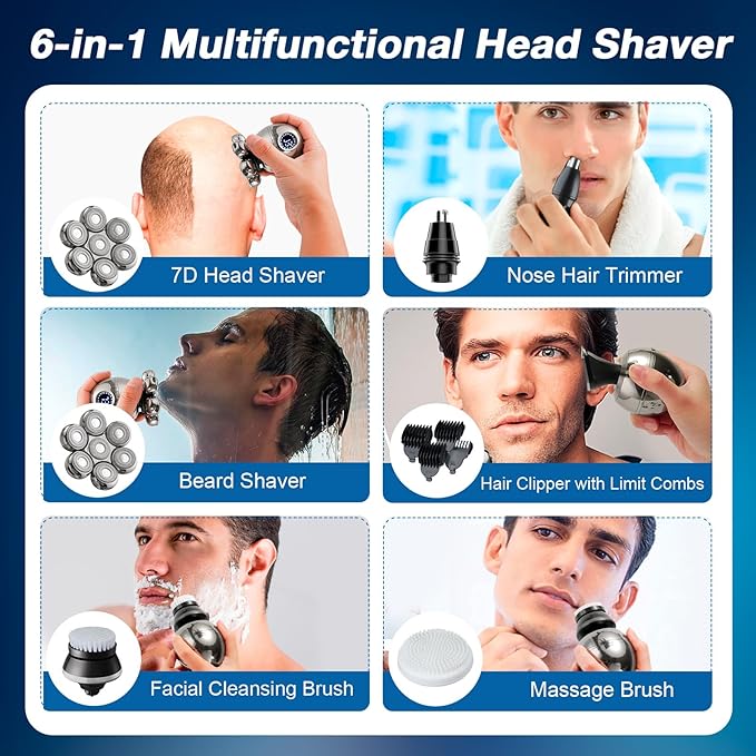 7D Sphere Men Waterproof Rechargeable LCD Display 5-in-1 Grooming Kit Wet Dry Electric Shaver Beard Hair Trimmer Electric Razor Bald Head Shaving Machine
