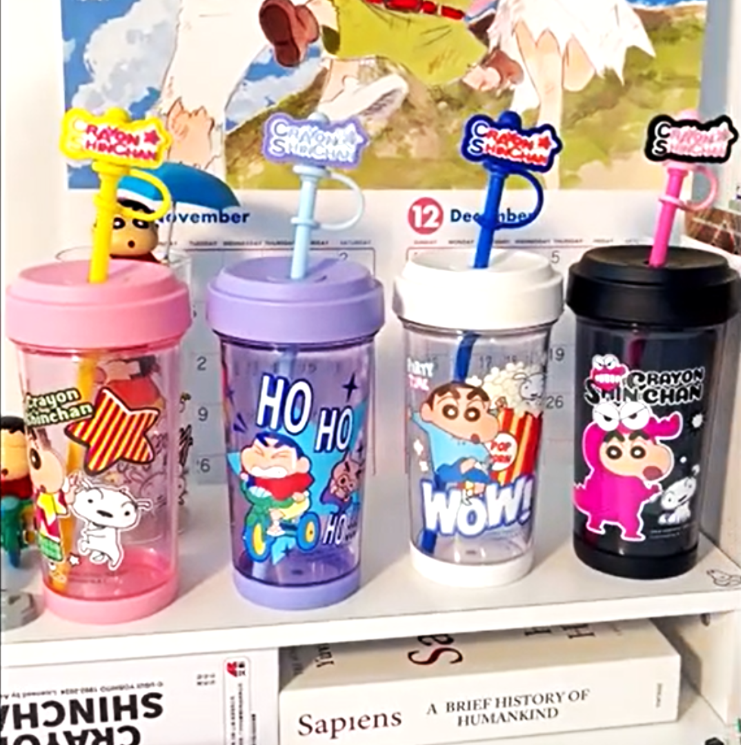 Crayon Shin-Chan Temperature Resistance Anti-Slip Rubber Pad Anime Cartoon Dust Cap Straw Cup 500ml