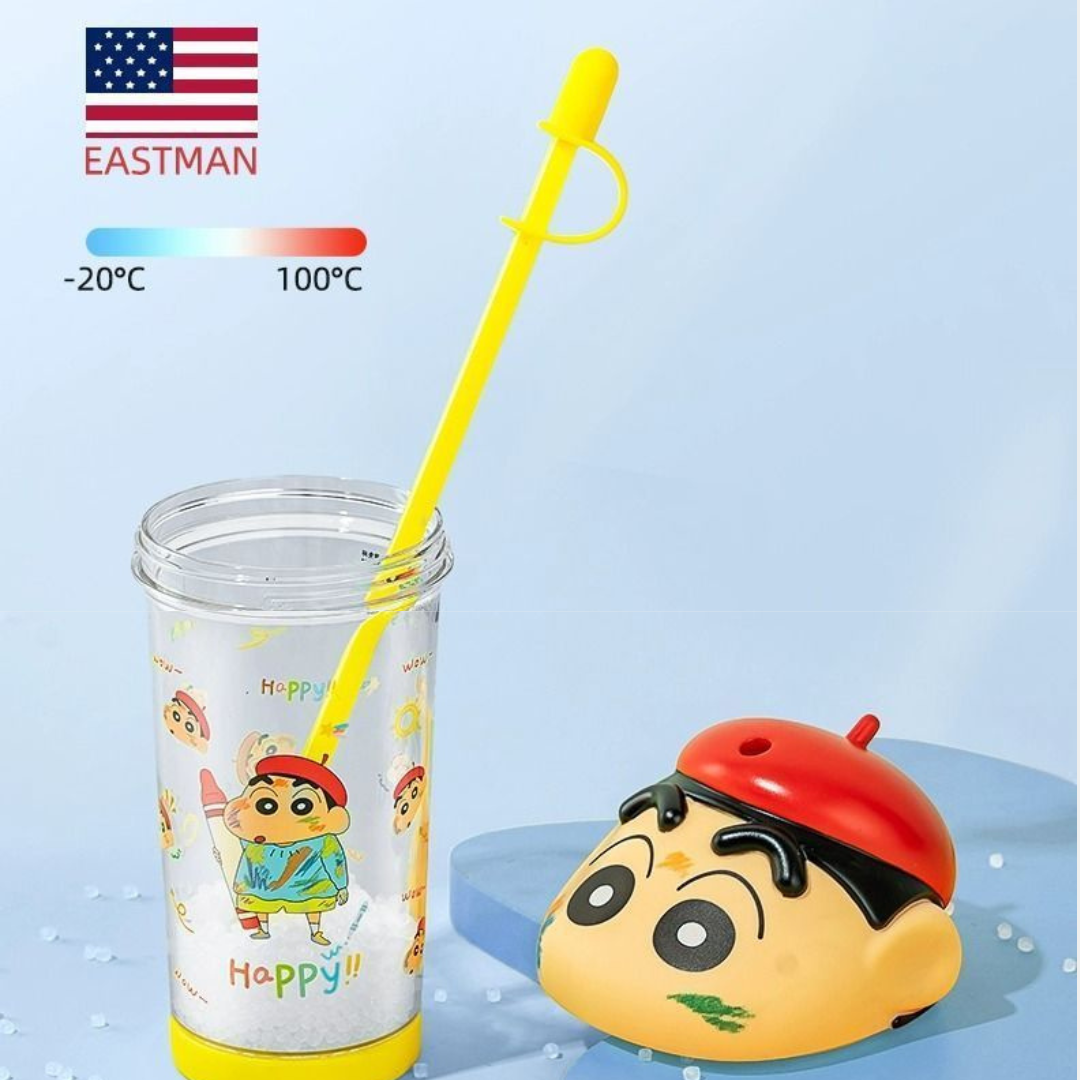 Crayon Shin-Chan & Cute Anime Cartoon 3D Big Head Tritan Temperature Resistance Leakproof Straw Cup 500ml