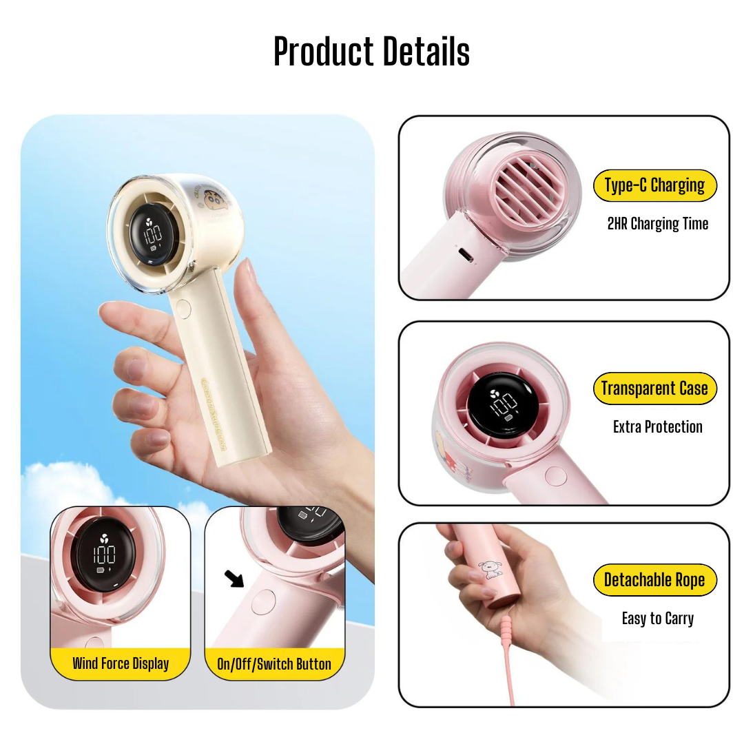 Crayon Shin-Chan Digital Display 5-Gear Strong Wind Turbine Portable Mini Handheld Fan USB Charging Desktop Fan