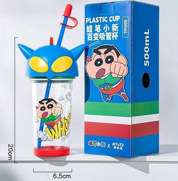Crayon Shin-Chan & Cute Anime Cartoon 3D Big Head Tritan Temperature Resistance Leakproof Straw Cup 500ml