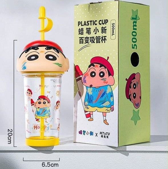Crayon Shin-Chan & Cute Anime Cartoon 3D Big Head Tritan Temperature Resistance Leakproof Straw Cup 500ml