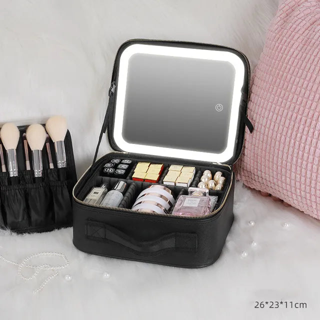 Smart LED Lighting Mirror Cosmetic Case Waterproof Portable Travel Makeup Storage Bag