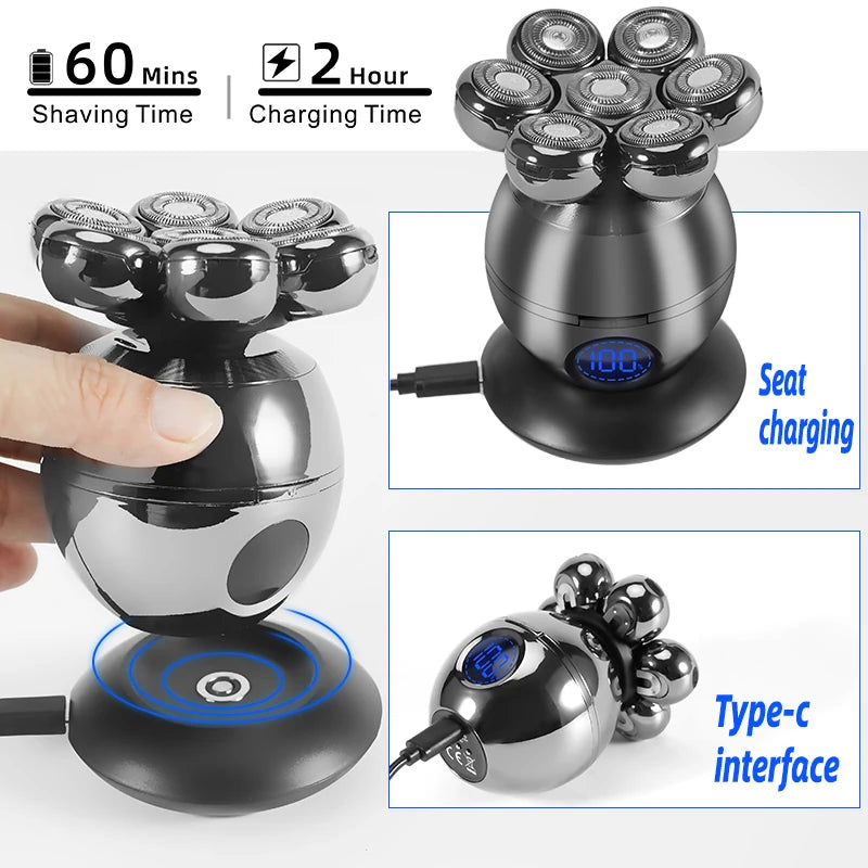 7D Sphere Men Waterproof Rechargeable LCD Display 5-in-1 Grooming Kit Wet Dry Electric Shaver Beard Hair Trimmer Electric Razor Bald Head Shaving Machine