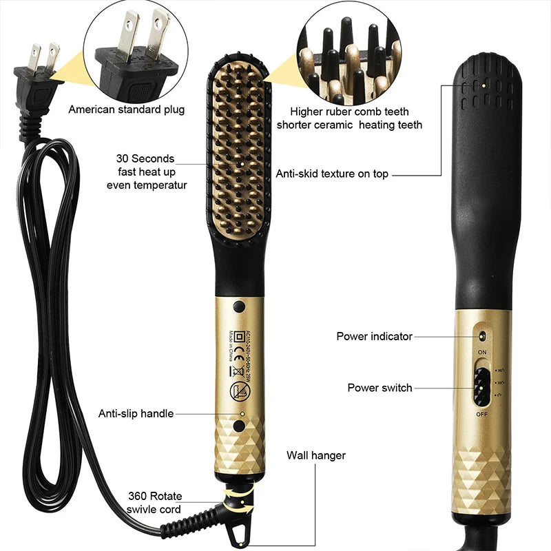 Electric Negative Ion Heating Comb for Men Beard Hair Straightening Brush Wet Dry Use Quick Hair Styler