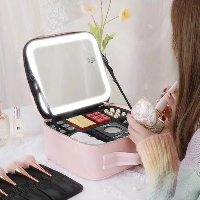 Smart LED Lighting Mirror Cosmetic Case Waterproof Portable Travel Makeup Storage Bag