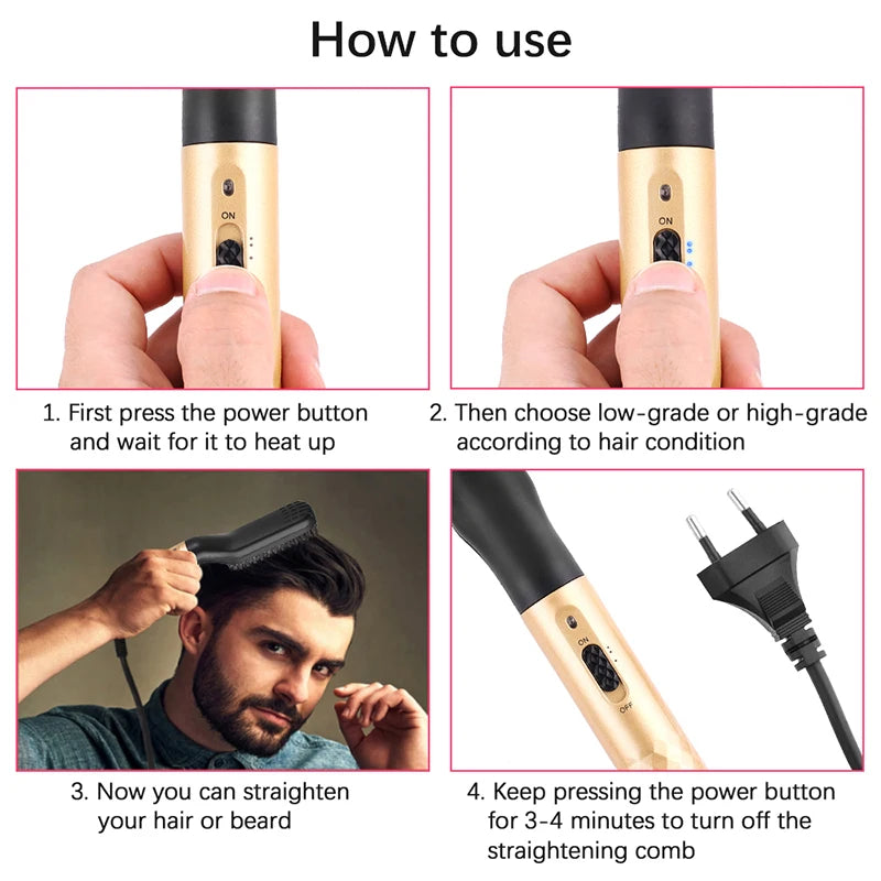 Electric Negative Ion Heating Comb for Men Beard Hair Straightening Brush Wet Dry Use Quick Hair Styler