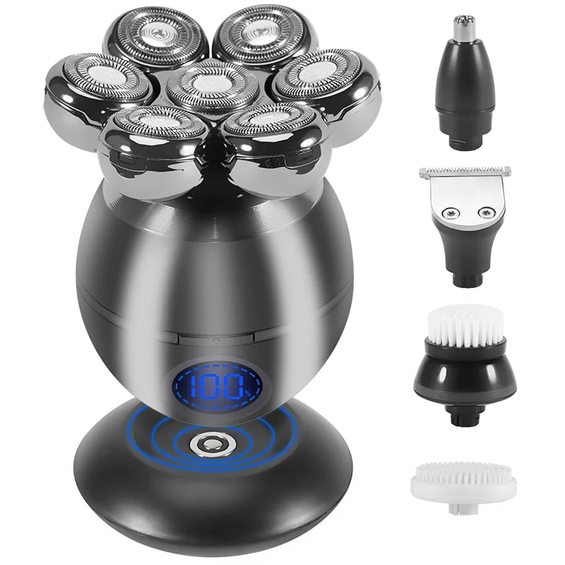7D Sphere Men Waterproof Rechargeable LCD Display 5-in-1 Grooming Kit Wet Dry Electric Shaver Beard Hair Trimmer Electric Razor Bald Head Shaving Machine
