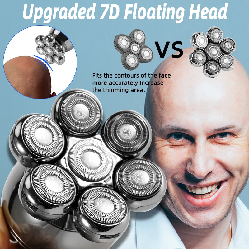 7D Sphere Men Waterproof Rechargeable LCD Display 5-in-1 Grooming Kit Wet Dry Electric Shaver Beard Hair Trimmer Electric Razor Bald Head Shaving Machine