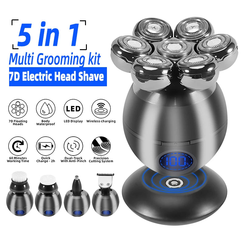 7D Sphere Men Waterproof Rechargeable LCD Display 5-in-1 Grooming Kit Wet Dry Electric Shaver Beard Hair Trimmer Electric Razor Bald Head Shaving Machine