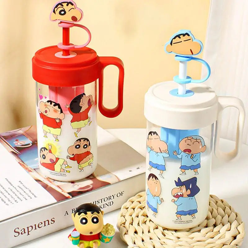 Crayon Shin-Chan & Anime Cartoon Happy Time Anti-Scalding Tea Infuser Leakproof Anime Cartoon Cap Handle Glass Straw Cup 620ml