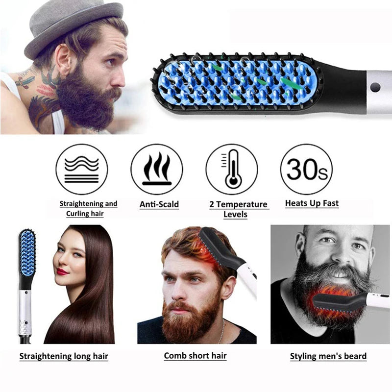 Electric Negative Ion Heating Comb for Men Beard Hair Straightening Brush Wet Dry Use Quick Hair Styler