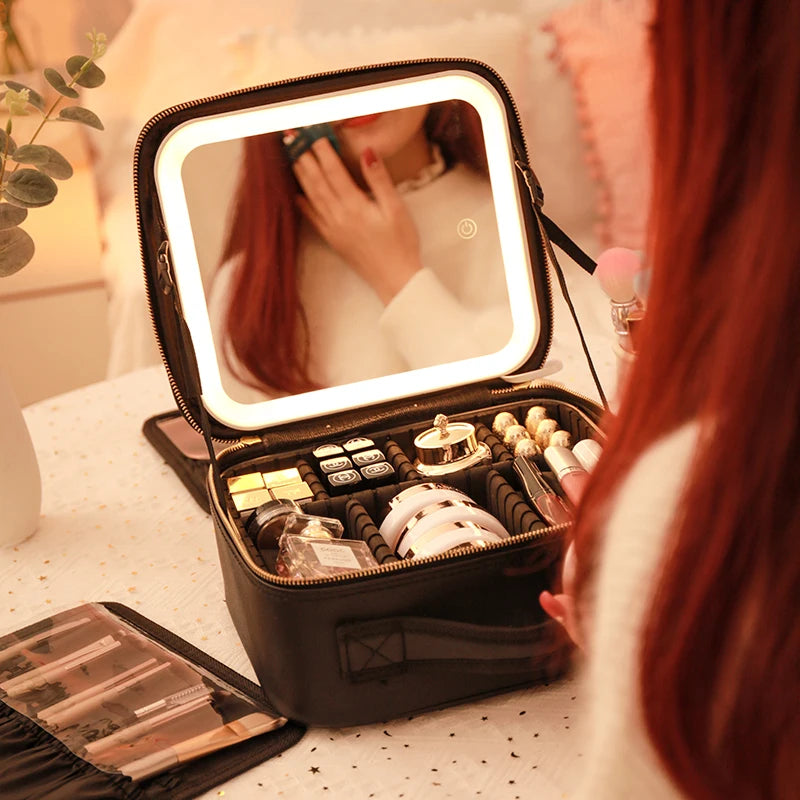 Smart LED Lighting Mirror Cosmetic Case Waterproof Portable Travel Makeup Storage Bag