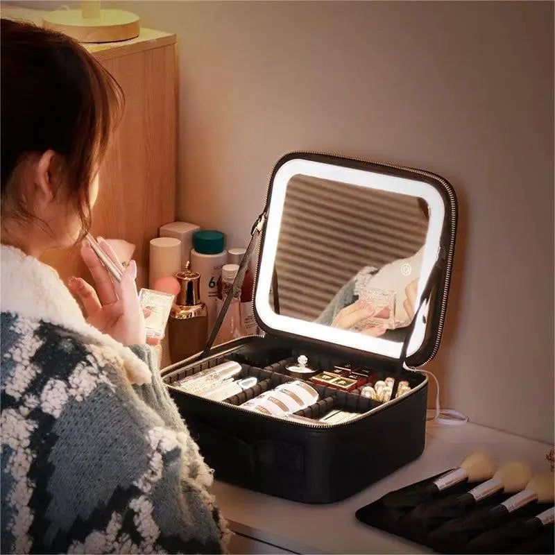 Smart LED Lighting Mirror Cosmetic Case Waterproof Portable Travel Makeup Storage Bag