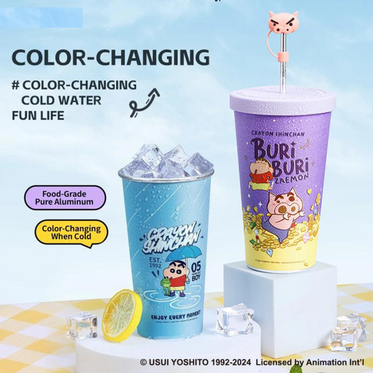 Crayon Shin-Chan & Anime Figure Trendy Color-Changing Cold Straw Cup 630/940ml Food Grade Aluminum