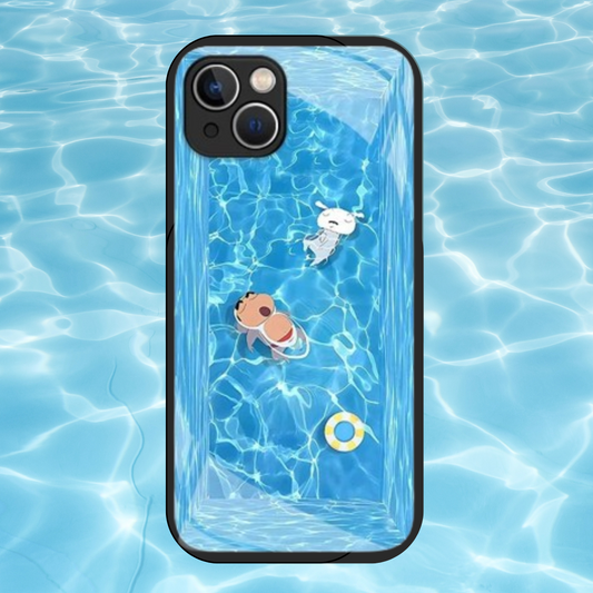 Crayon Shin-Chan & Shiro Sleeping in Pool Glass Protective Mobile Phone Case iPhone 11-15 Promax Pro Standard Mini Case