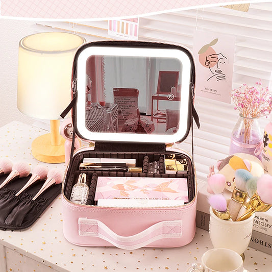 Smart LED Lighting Mirror Cosmetic Case Waterproof Portable Travel Makeup Storage Bag